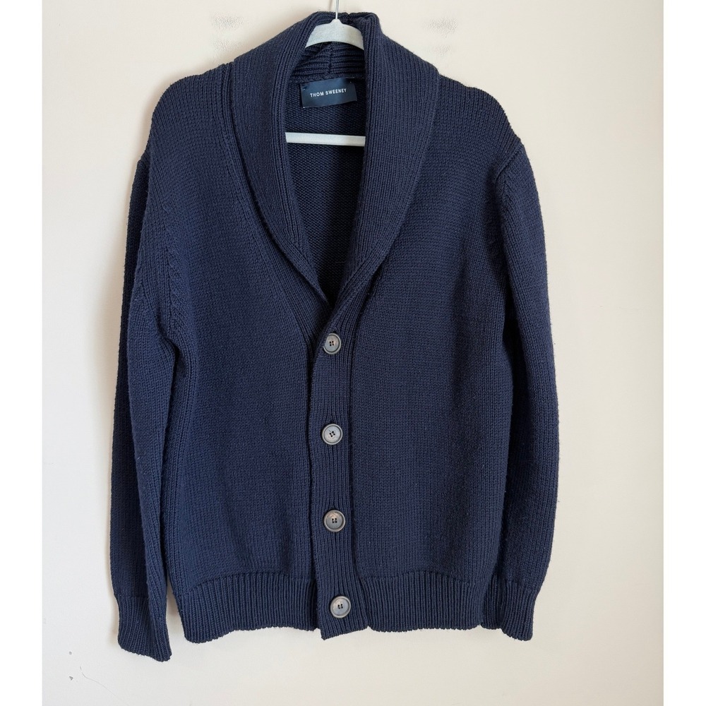 Thom Sweeney Cardigan Mens 56 Navy Blue Extrafine Merino Wool Shawl Collar Italy